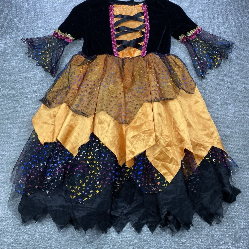 Girls Large Halloween‎ Theatre Witch Orange/Black Sequined Moon Stars Lace Dress